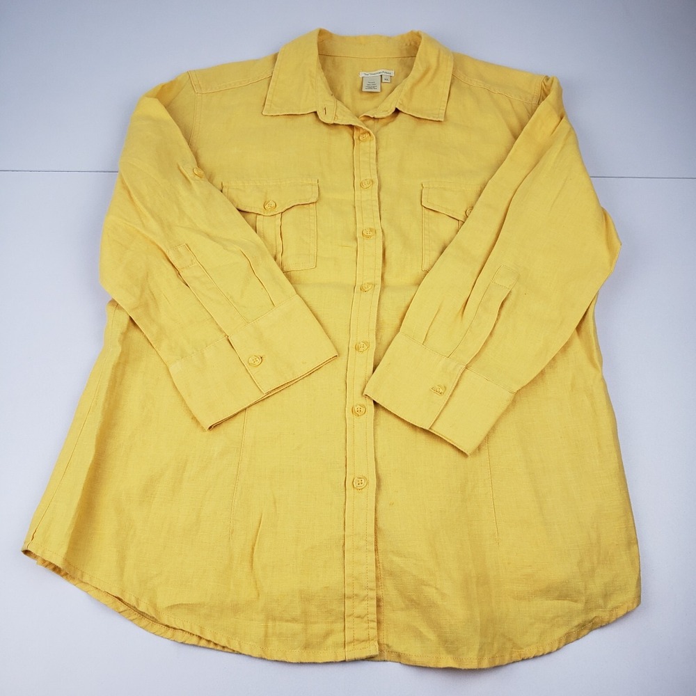 The Territory Ahead Linen Shirt Women's XL Yellow 3/4 Sleeves Button Up Top